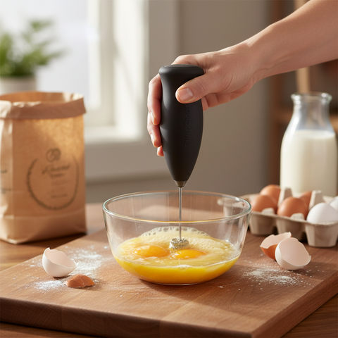 Hand using a hand mixer to beat eggs in a glass bowl on a wooden countertop.