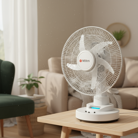 A white Milex rechargeable desk fan with a 12-inch blade diameter, featuring a rechargeable battery indicator on the base.