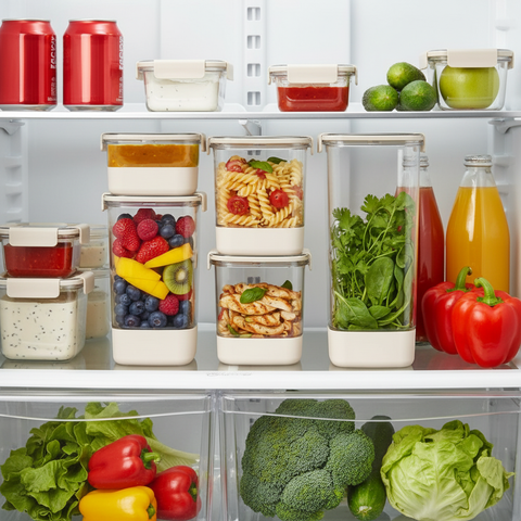 Stackable food containers with fresh produce and beverages on a refrigerator shelf.