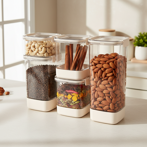 Set of clear storage containers with lids on a kitchen counter, containing various dry goods.