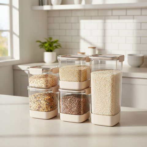 Set of clear storage containers with beige lids and bases on a white background