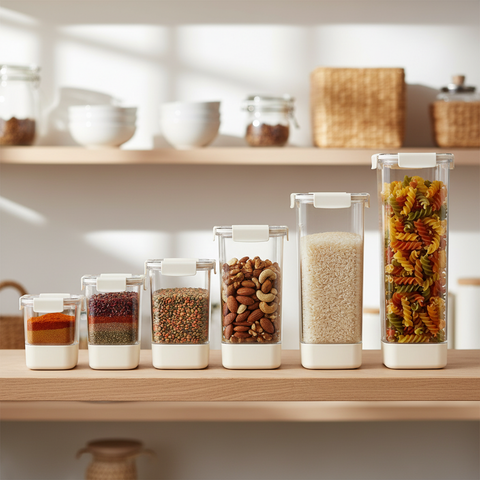 Set of glass storage containers with various dry goods on a wooden shelf.