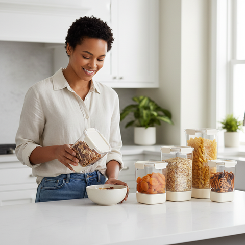 Woman in a kitchen preparing food with containers on the counter