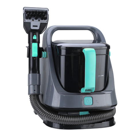 Gray and teal cleaning machine with attachments on a white background