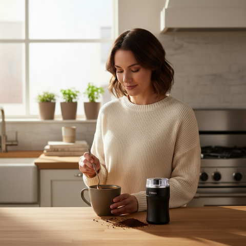 Woman in a kitchen stirring coffee in a mug with a coffee grinder on the counter.