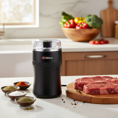 A black Milex Multi-Grind coffee grinder with a clear top compartment.