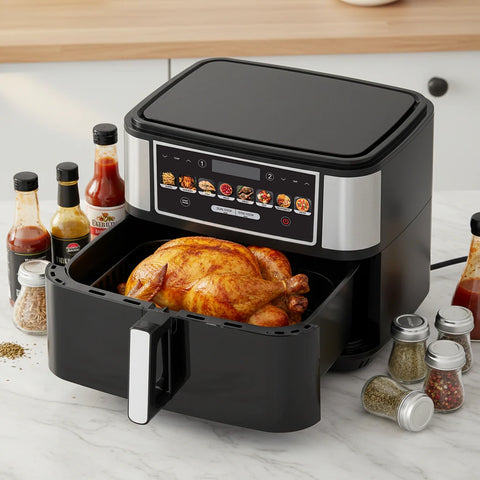 Black air fryer with a roasted chicken inside on a kitchen counter.
