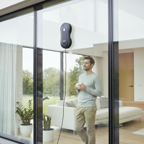 Man standing in a modern living room with a window air conditioner on the wall.