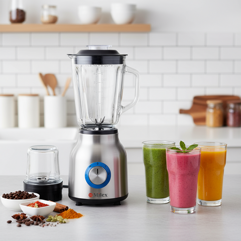 A Milex NutriMix Fusion blender with a stainless steel body and a clear glass jar, alongside a smaller grinding attachment. The blender has a silver color with blue accents on the speed control dial.