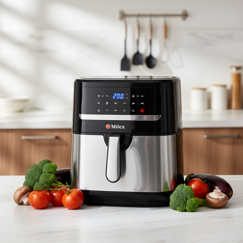 Milex 10L  air fryer on a kitchen counter with vegetables