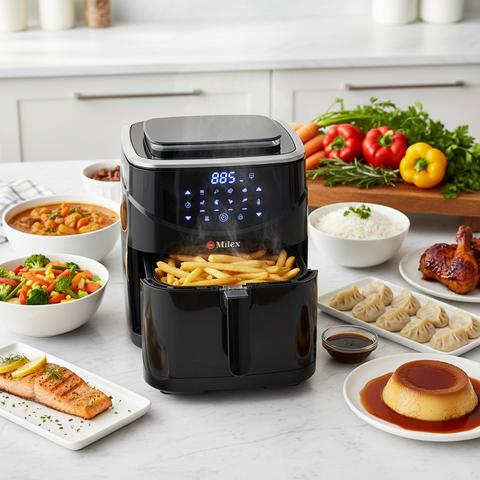 Black Milex Steamer air fryer on a kitchen counter with various dishes and ingredients.