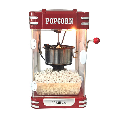 Red popcorn machine with 'Popcorn' and 'Milex' branding on a white background