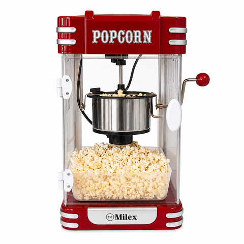 A red and clear vintage-style Milex popcorn machine with a stainless steel pot, filled with popcorn, on a white background.