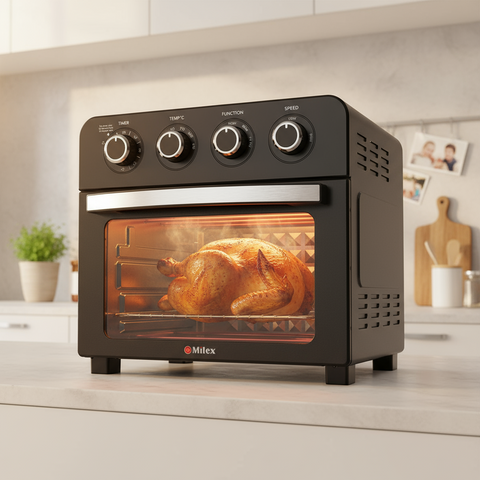 A black Milex 22L Manual Air Fryer Oven with visible control knobs and a transparent door showing the interior rack.