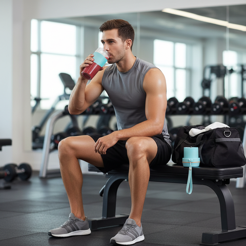 Man sitting on a bench in a gym, drinking from a protein shake container.