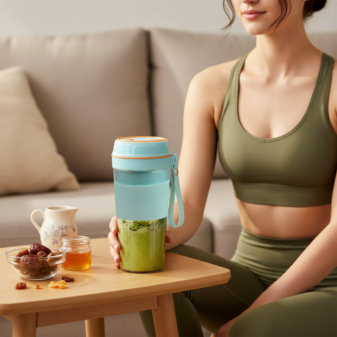 Woman in green sports bra and leggings holding a blue and orange smoothie cup with a green smoothie inside, sitting on a couch.