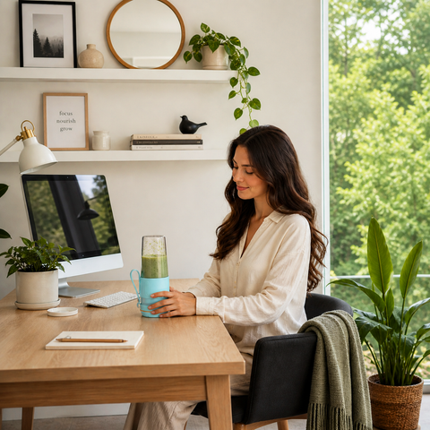 Woman sitting at a desk with a computer and plants, holding a green smoothie.