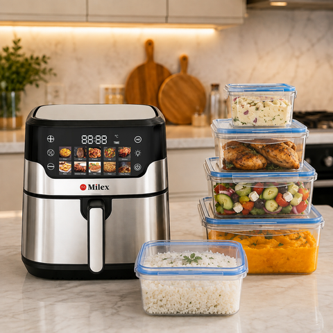 A Milex air fryer sits on a kitchen counter next to a stack of clear plastic food storage containers with blue lids, filled with rice, chicken, salad, and orange vegetables, in a modern kitchen setting.