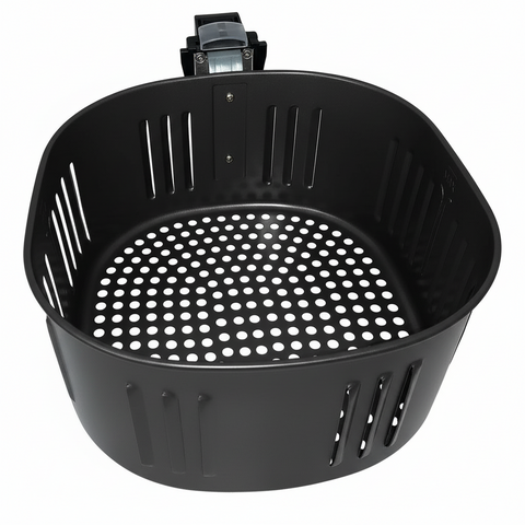 Black perforated air fryer basket on a white background