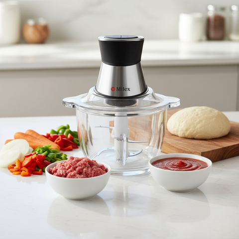 A Milex 3L food processor with a clear glass body, silver stainless steel blades, and a black and silver color scheme.