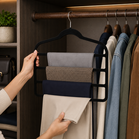 A black hanger-mounted pant rack being held by hands inside a closet, holding folded trousers. Clothing hangs on wooden hangers on a dark wood wardrobe rod.