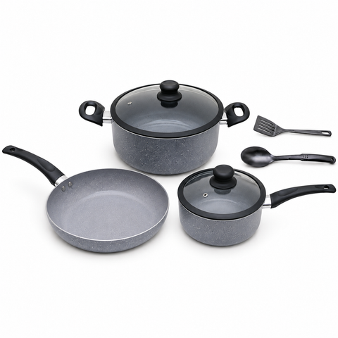 A 5-piece nonstick cookware set in a speckled gray finish with black handles and lids, including a frying pan, two saucepans with glass lids, and two utensils (spatula and spoon) on a white background.