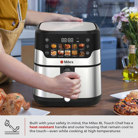Milex 8L Touch Chef kitchen appliance on a kitchen counter with a person interacting with it.