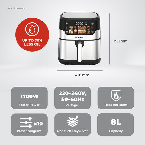 Milex air fryer with specifications on a white background