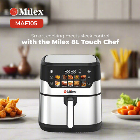 Milex 8L Touch Chef air fryer on a kitchen counter with food and kitchen utensils in the background.