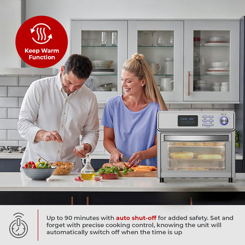 Couple preparing food in a kitchen with a modern oven, emphasizing the 'Keep Warm Function' and auto shut-off feature.
