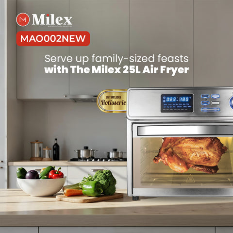 Milex 25L Air Fryer in a kitchen setting with vegetables and a roasted chicken.