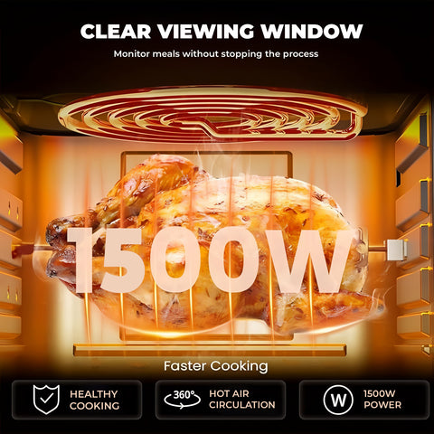 Air Fryer with clear viewing window displaying a roast chicken, highlighting features like 'Clear Viewing Window' and power rating '1500W'.