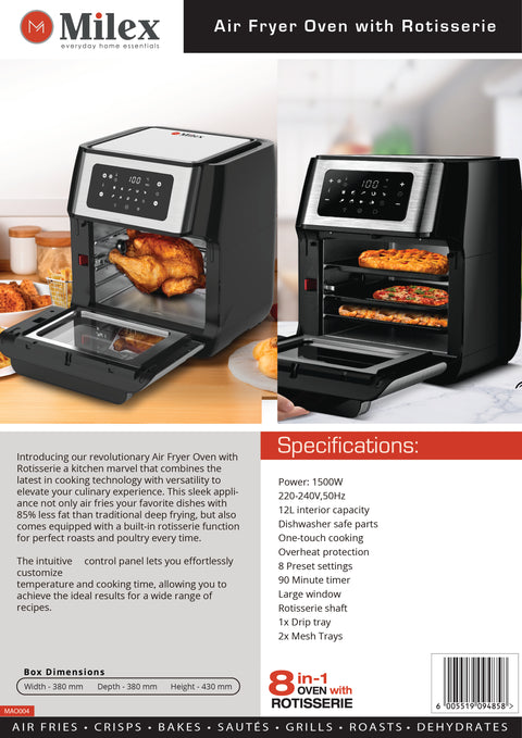 Milex 12L Air Fryer Oven With Rotisserie