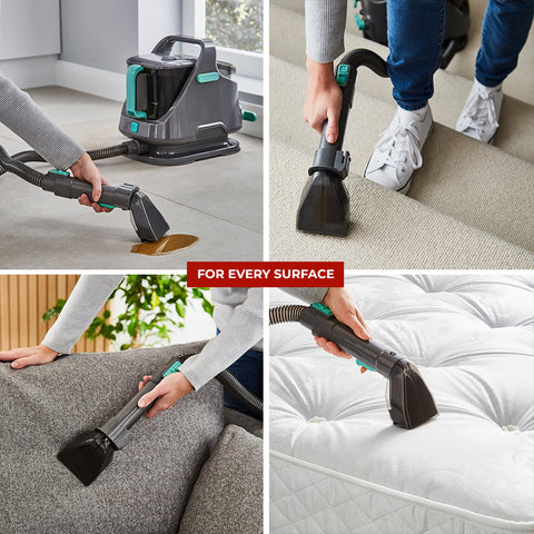 Multifunctional vacuum cleaner being used on various surfaces including a carpet, couch, and mattress.