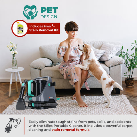 Woman sitting on a couch with a dog, next to a Milex portable cleaner, in a living room setting.