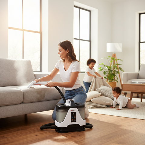 Woman using a vacuum cleaner in a living room with children playing in the background