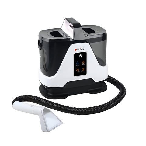 Milex white and black steamer with hose on a white background