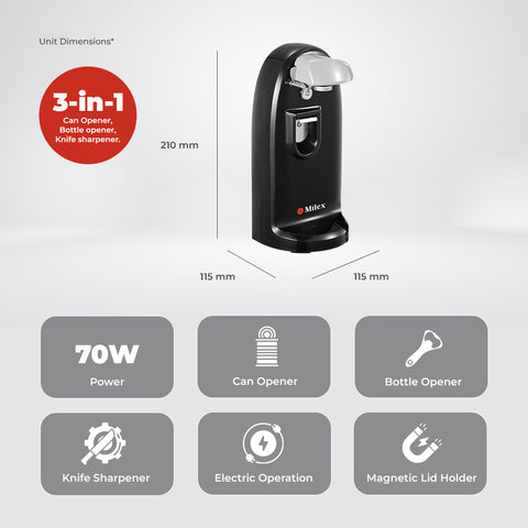 Milex 3-in-1 Multi Can Opener – Electric Can Opener with Bottle Opener & Knife Sharpener
