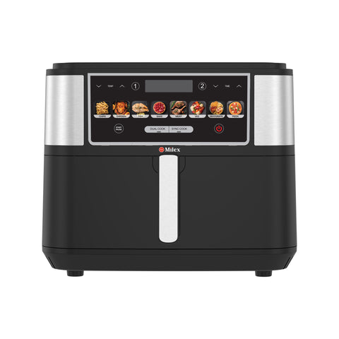 Black and silver air fryer with digital display on a white background