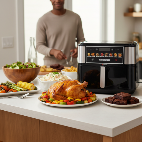 Black and silver air fryer on a kitchen counter with cooked turkey and sides.
