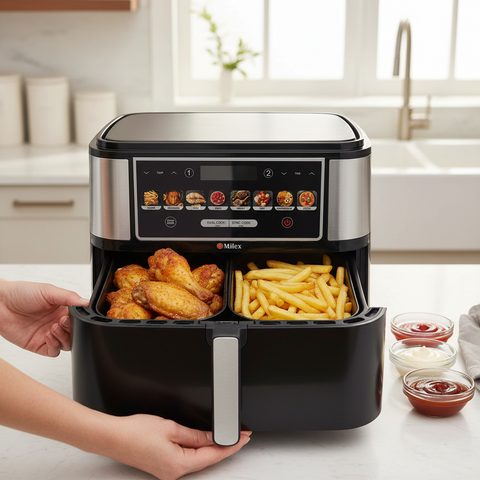 Air fryer with fried chicken and fries on a kitchen counter