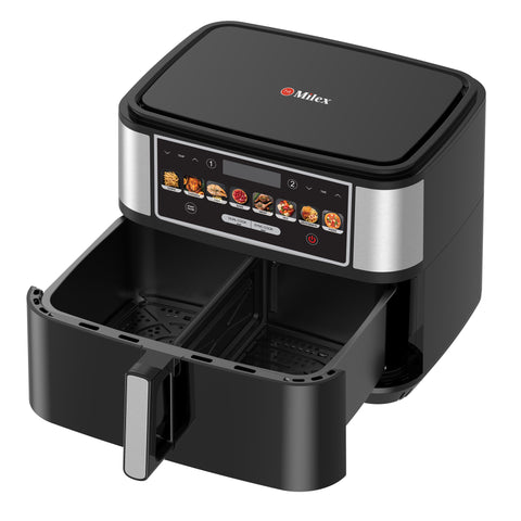 Black air fryer with digital control panel on a white background