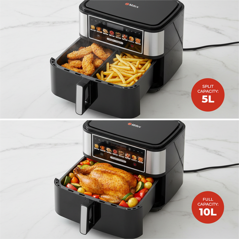 Multifunctional air fryer with food items inside on a white background