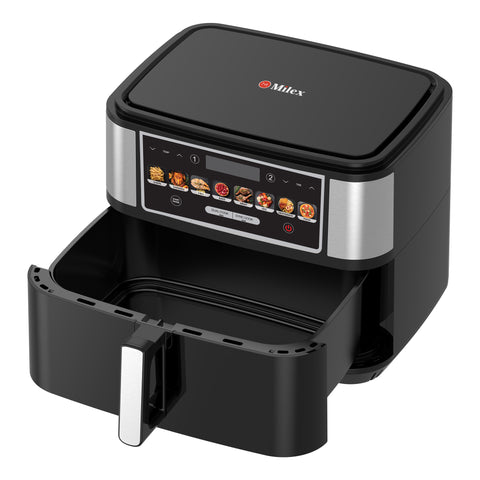 Black air fryer with digital display on a white background