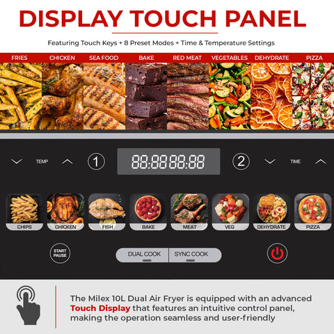 Display touch panel for a Milex 10L Dual Air Fryer with various food categories and cooking modes.