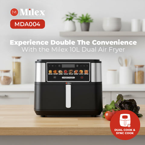 Milex 10L Dual Air Fryer on a kitchen counter with branding and product details.