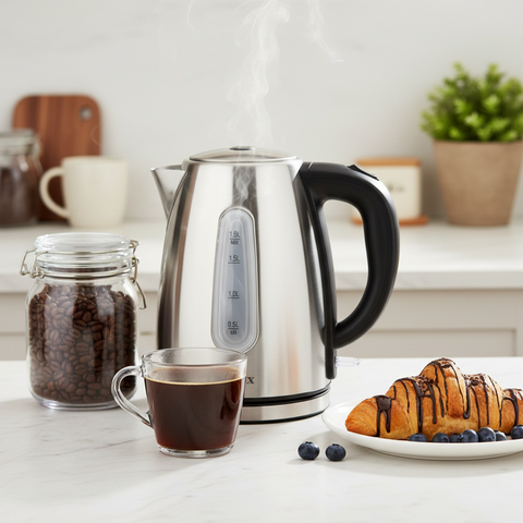 Electric kettle on a kitchen counter with coffee and pastries