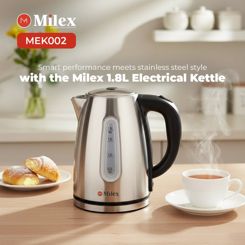 Milex 1.8L Electrical Kettle on a kitchen counter with a cup of tea and pastries.