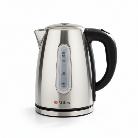 Stainless steel kettle with black handle on a white background, featuring the Milex brand.