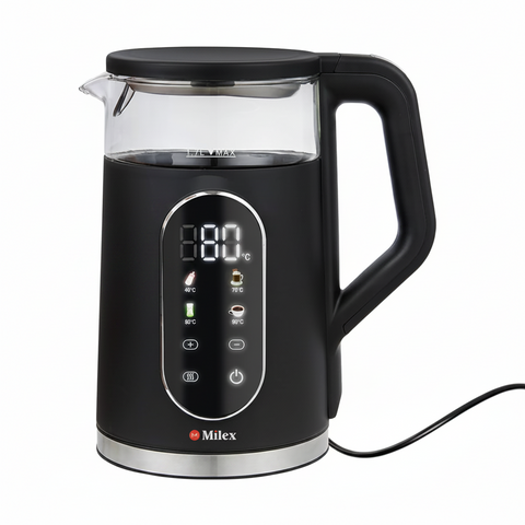 Black electric kettle with digital display on a white background